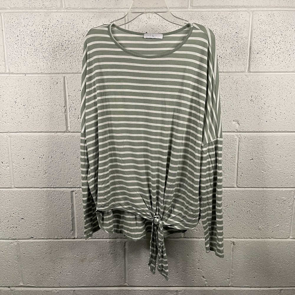 Nic & Lulu Womens Long Sleeve Top Size Medium Green White Front Knot